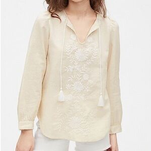 Gap Embroidered Tie-Front long sleeve Top linen cotton blend size large
